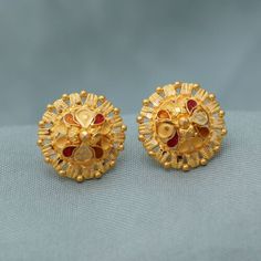 Traditional Gold Flower-shaped Earrings, Traditional Yellow Gold Flower-shaped Earrings, Traditional Clip-on Jewelry As Gift, Traditional Clip-on Jewelry For Gifts, Traditional Clip-on Jewelry Gift, Traditional Flower-shaped Earrings, Traditional White Plug Earrings As Gift, Round Bridal Earrings As Festival Gift, Round Bridal Earrings As Festive Gift