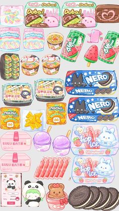 an assortment of food items are displayed on a white surface with the words hello kitty written in japanese