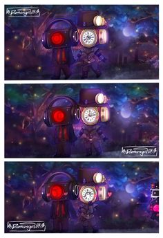 two pictures of the same character with different clocks