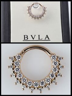 two pictures of different types of jewelry in a box with the name bvla on it