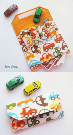 there are cars and trucks on this colorful pouch that is ready to be sewn