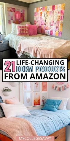 two pictures with the words 21 life - changing dorm products from amazon on top and bottom