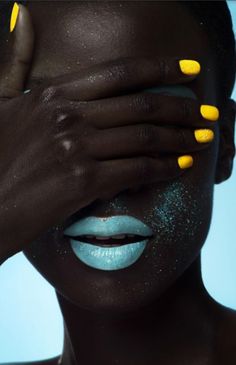 1beautybychoice:  See No Evil… The Blacker The Berry, Pastel Lips, Blue Lipstick, Dark Nails, Foto Poses, Neon Nails, Yellow Nails, Lip Art, Editorial Makeup