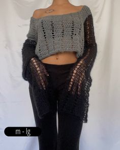 1of1 charcoal grey and black crocheted off the shoulder cropped super long sleeve sweater fiber: royal alpaca, mohair + silk measurements (flat not stretched) shoulder to shoulder - 18" bust - 34" arm open - 6" arm length - 33" length - 11" ꔫ for cleaning, hand wash with lukewarm to cold water and lay flat to dry. ꔫ Grey Crochet Sweater, Off The Shoulder Crochet Sweater, Sweater Fits, Black Crochet, Crochet Headband, Crochet Sweater, Shoulder Sweater, Sleeve Sweater, Charcoal Grey