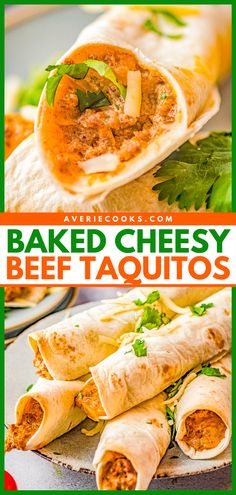 baked cheesy beef taquitass with text overlay