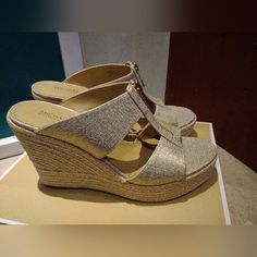 New Michael Kors Women's Bradley Metallic Linen Mule Sandal Pale Gold Size 9.5 Gold Cushioned Wedge Sandals, Gold Heels With Cushioned Footbed, Michael Kors Slides, Studded Gladiator Sandals, Michael Kors Wedges, Michael Kors Sandals, Black Gladiator Sandals, Michael Kors Heels, Lace Up Espadrilles