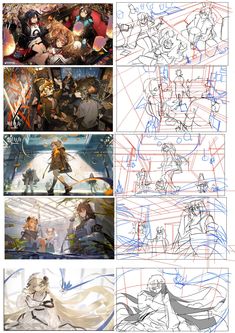 the storyboard shows how to draw anime characters in different stages of development and design