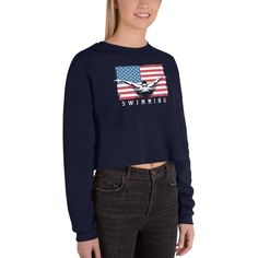 USA swimming crop top sweatshirt. Did you know that fashion and comfort can be combined? This fleece crop sweatshirt proves that point. The cozy fabric feels extra soft to the touch, and the trendy cut with a ribbed neckline and raw hem keeps it casual. * This product is made especially for you as soon as you place an order, which is why it takes us a bit longer to deliver it to you. Making products on demand instead of in bulk helps reduce overproduction, so thank you for making thoughtful purc Usa Swimming, Crop Top Sweatshirt, Shoulder Cut, Ribbed Neckline, Crop Sweatshirt, Dusty Blue, Fleece Fabric, Fabric Weights, Take That