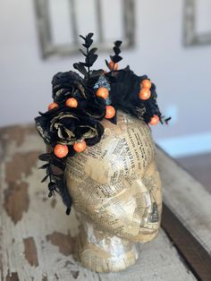 This gorgeous gothic crown features black roses with glittering gold edging, accented with copper glittered black eucalyptus sprays, with glittering orange berries tucked in, on a sturdy headband lined with black leaves, and featuring a silver skull in the center. base is a sturdy headband for a secure fit  Perfect for your Halloween costume! One of a kind and ready to ship! Tall Crown For Halloween Costume Party, Gothic Crown For Halloween Costume Party, Halloween Costume Headpiece With Structured Crown, Halloween Masquerade Crown Costume Accessories, Halloween Costume Accessories With Round Crown, Fantasy Crown For Halloween Costume, Fantasy Halloween Costume Crown, Adjustable Crown For Halloween Costume Party, Round Crown Costume Hats For Halloween