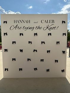 a sign that says hannah and caleb are going the knot? with black bows on it