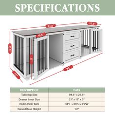 an image of a dog kennel with measurements for the doors and drawers on it