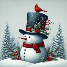 a painting of a snowman wearing a hat and scarf with a cardinal perched on top