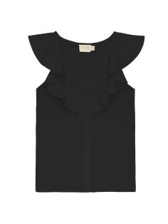 We've never met a ruffle detail we didn't love. Featuring a fluttery ruffle neckline and a chic front seam, this is the flirty tank that pairs well with warm breezes and an ice-cold spritz. (This one comes in Jet Black.) | Women's Neah Tank Top in Jet Black | Ethical Essentials Chic Tops With Ruffled Collar For Night Out, Chic Tops With Ruffle Hem For Night Out, Chic Sleeveless Blouse With Ruffles, Chic Sleeveless Blouse With Ruffle Hem, Chic Tops With Ruffle Hem, Night Out Tops With Ruffled Collar, Tops With Ruffled Collar For Night Out, Elegant Flutter Sleeve Top For Night Out, Chic Tops With Ruffled Straps For Day Out