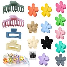 many different types of hair clips and flowers on a white background with clippings