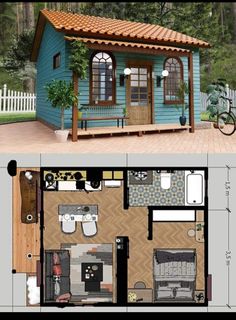 the floor plan for a tiny house with an attached porch