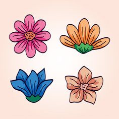 four different colored flowers on a pink background, each with a single flower in the middle