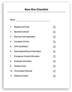 the new hire checklist is shown in black and white, with an empty sheet below it