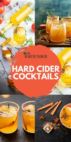 the ingredients for hard cider cocktails are shown in this collage with text overlay