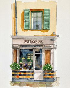 a watercolor painting of a store front with green shutters and potted plants