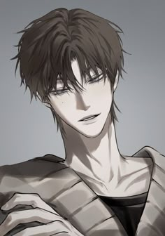 an anime character with black hair wearing a silver shirt and holding his hand on his chest