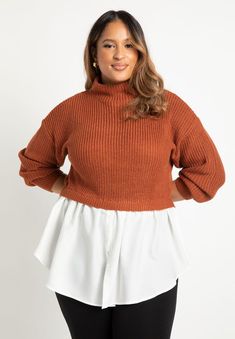 Twofer skirted sweater Easy fit Mock neck Woven peplum flounce hem Acrylic yarn Tunic length- hits below hip Length on model is 32" Models are size 14 and Office Outfits Women Plus Size, Turtle Sweaters, Plus Size Work, Faux Fur Sweater, Office Outfits Women, Sweater Women's, Long Sleeve Knit Sweaters, Knit Turtleneck Sweater, Professional Outfits