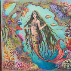 a painting of a mermaid with long hair and fish in the ocean surrounded by corals