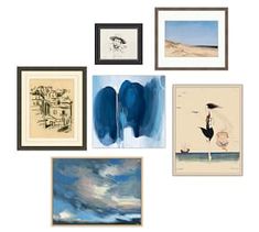 six framed art pieces on a white wall