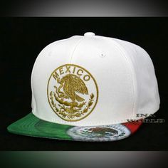 Mexican Mexico Hat Federal Logo Eagle Flag Flat Bill Snapback Baseball Cap-White White Adjustable Visor Trucker Hat, White Fitted Cap For Streetwear, White Casual Baseball Cap With Flat Brim, White Snapback Hat With Curved Brim For Streetwear, White Casual Snapback Trucker Hat, White Curved Brim Snapback Hat For Streetwear, White Cap For Streetwear, White Adjustable Snapback Hat With Curved Brim, White Flat Brim Snapback Hat For Streetwear