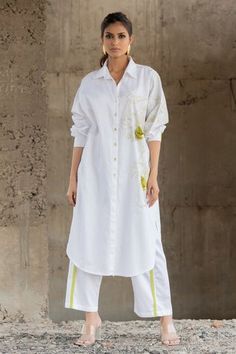 Shop for Pooja-Keyur White Cotton Satin Artistic Abstraction Shirt Kurta And Pant Co-ord Set for Women Online at Aza Fashions Pooja Keyur, Co Ords Outfits Indian, White Co Ord Set, Co Ords Outfits, Stylish Kurtis Design, Sets Outfit, New Kurti Designs, Fashionable Saree Blouse Designs, White Kurta