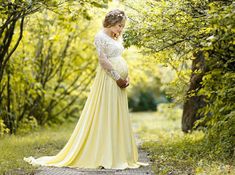 Maternity long lace dress photoshoot Maternity gown Pregnancy Pregnant Couture, Pragnent Women, Yellow Baby Shower Dress, Wedding Dress Yellow, Yellow Maternity Dress, Maternity Wedding Gown, Floor Length Lace Dress, Maternity Wedding Dress, Elegant Maternity Dresses