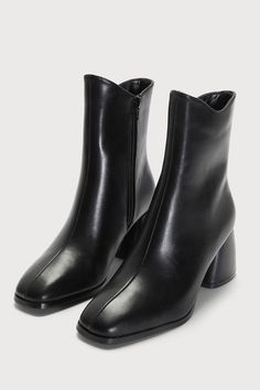 The Lulus Windal Black Square Toe Mid-Calf Boots is ready to make every 'fit a chic moment this season! Smooth faux leather shapes a squared-off toe that meets a 7"" mid-calf shaft with a 10"" circumference and a curved topline. A 6"" zipper at the instep and a chunky block heel complete the look! 2. 75" wrapped block heel. Cushioned insole. Rubber sole has nonskid markings. ALL MAN MADE MATERIALS. Imported. Lulus | Windal Black Square Toe Mid-Calf High Heel Boots | Size 6. Classic Square Toe Heeled Boots In Faux Leather, Classic Faux Leather Heeled Boots With Square Toe, Classic Square Toe Faux Leather Heeled Boots, Square Toe Platform Boots With Padded Heel For Work, Business Heeled Boots With Stacked Heel And Square Toe, Formal Heeled Boots With Square Toe And Medium Width, Formal Square Toe Platform Boots, Formal Heeled Boots With Square Toe, Square Toe Faux Leather Heels For Business