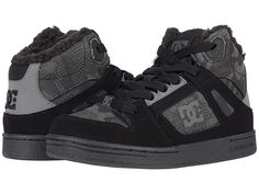 DC Kids Pure High-Top WNT (Little Kid/Big Kid) - Boys Shoes : Black Camouflage : Kick his cold-weather woes to the curb with the skate-inspired DC Kids Pure High-Top WNT sneakers! Leather and synthetic uppers. Padded tongue and collar for all-day comfort. Molded TPR eyelet and lace-up closure for a secure and adjustable fit. Cushioned footbed. Sherpa lined interior for enhanced cold-weather comfort. Abrasion-resistant sticky rubber outsole with DC's Pill Pattern tread. Imported. Measurements: We Sherpa Lined, Boys Shoes, Free Kids, All Black Sneakers, Big Kids, Camouflage, High Tops, Lace Up, Pure Products