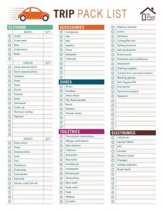 a printable travel packing list with the words,'trip pack list'and an orange car