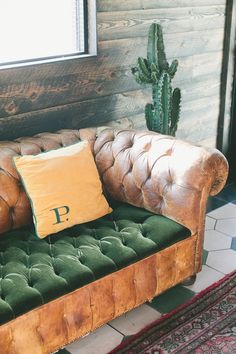 a leather couch with green cushions in front of a wooden wall and cacti