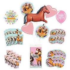 With this complete Spirit Riding Free Birthday party kit you will receive: (1) 43" Brown Horse Foil Balloon (2) 18" Spirit Riding Free Round Foil Balloon, (2) 19" Pink Heart foils, (1) 18" Birthday Present balloon, (1) 17" Giant Custom Outdoor Latex Party Location Balloon "B-Day Party" Made in USA - (16) 9" Spirit Dining plates, (16) 7" Spirit dessert plates - (2) Spirit - Table Cover, (16) Spirit - 9 oz Cups - (32) Spirit - Lunch Napkins. Spirit Riding Free Birthday Party, Horse Theme Birthday Party, Horse Party Decorations, Horse Balloons, Spirit Riding Free, Kids Party Balloons, Horse Birthday Parties, Horse Party, Horse Birthday