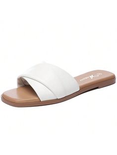 White Elegant,Fashionable Collar     Embellished   Women Shoes White Polyurethane Sandals For Summer, Synthetic Square Toe Sandals For Vacation, Casual Synthetic Sandals With Square Toe, Casual Square Toe Synthetic Sandals, Casual Synthetic Square Toe Sandals, Leather Sandals With Square Toe For Vacation, Trendy Polyurethane Sandals For Beach, Trendy Faux Leather Sandals For Vacation, Trendy Polyurethane Sandals For The Beach