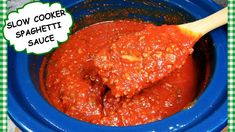 slow cooker spaghetti sauce in a blue bowl