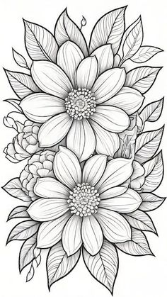 a drawing of flowers with leaves on the bottom and one large flower in the middle