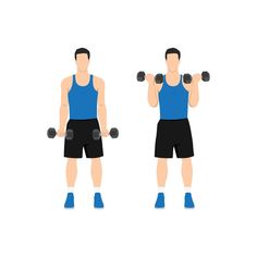 a man doing dumbbell exercises with two different weights in front and back view, on white background