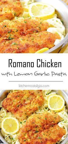 two pictures of chicken parmesan with lemon garlic pasta in a casserole dish