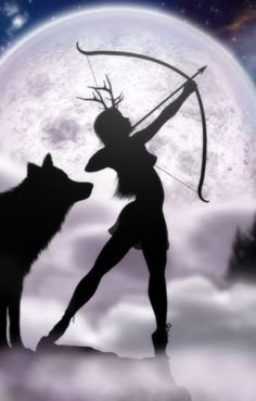 the silhouette of a woman holding an arrow and standing next to a wolf