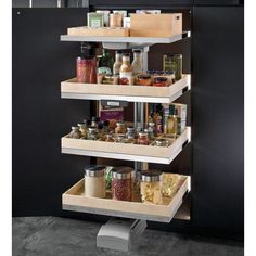 an organized spice rack in the kitchen with spices and condiments on it's shelves