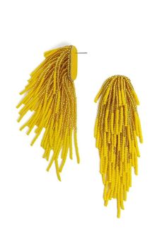 two pairs of yellow beaded earrings, one with fringes and the other with beads