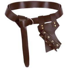 a brown leather belt with metal buckles on the side and an open loop at the bottom