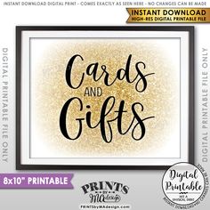 the printable card and gifts sign is displayed in front of a white background with gold glitter