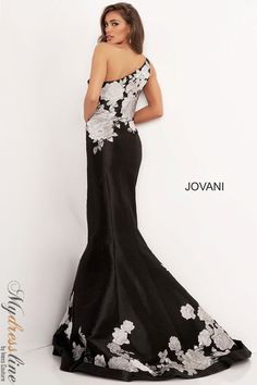 Looking for a stunning formal dress that will turn heads? Check out the Jovani 3918 Floral One Shoulder Evening Dress. This beautiful gown features a single shoulder strap adorned with delicate floral appliques, an A-line silhouette that flatters your figure, and a floor-length skirt with a slit for added drama. Whether you're attending a black tie event or your prom, this dress is sure to impress. Fem Ichigo, One Shoulder Evening Dress, Black Tie Wedding Guest Dress, Black Tie Wedding Guest, Fitted Lace Dress, Long Sleeve Evening Gowns, Plastic Dress, Off Shoulder Gown, Satin Dress Long