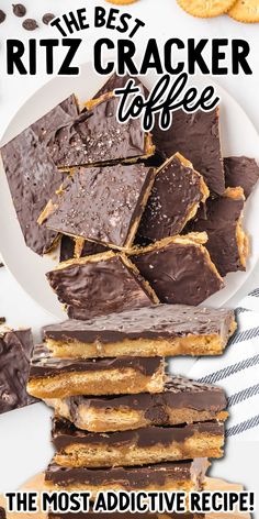 the best ritz cracker toffee recipe on a white plate with chocolate chips