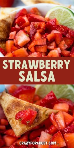 strawberry salsa in a white bowl with lime wedges and strawberries on the side