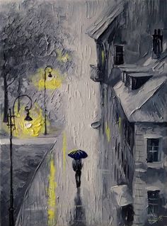 a painting of a person with an umbrella walking down the street on a rainy day