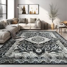 a living room filled with lots of furniture next to a large rug on the floor